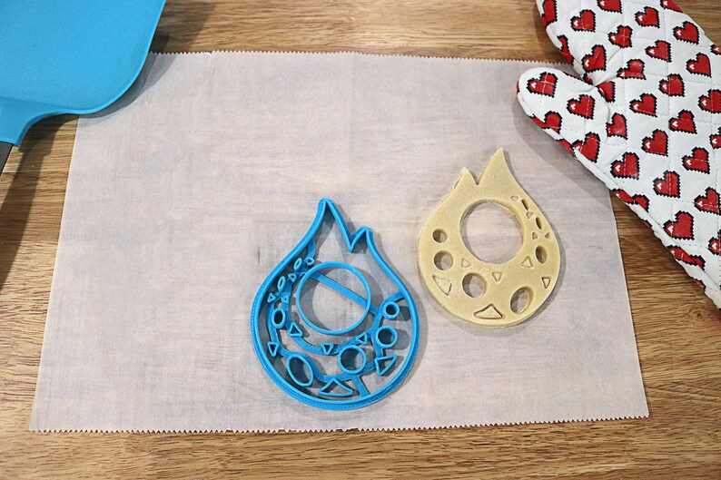 May include: Two blue and beige plastic cookie cutters shaped like flames with intricate designs. The cutters are on a white parchment paper surface.