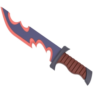 May include: A stylized dagger with a dark blue blade edged with red, and a brown handle. The blade has a unique, jagged design. The handle is brown with a ribbed texture, and the guard is dark gray.