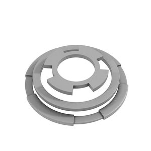 May include: A silver metal washer with a unique design featuring three concentric circles with cutouts. The washer is designed to be used with a screw or bolt.