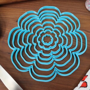 May include: A set of seven blue plastic flower-shaped cookie cutters of varying sizes.