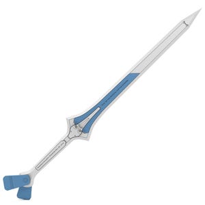 May include: A white and blue sword with a pointed tip. The sword features a long, straight blade with blue accents and a detailed hilt. The hilt has a rectangular design with blue accents and a small, rectangular blue piece at the bottom.