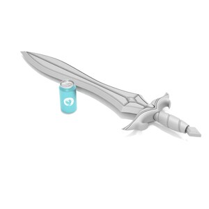 May include: A detailed, silver-colored sword with a decorative hilt and blade. A turquoise can with a logo is next to the sword. The sword's blade is approximately 20 inches long.