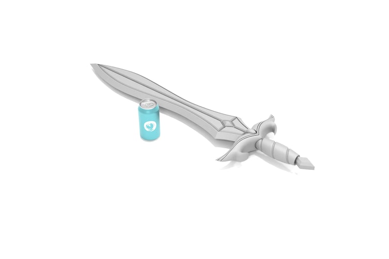May include: A detailed, silver-colored sword with a decorative hilt and blade. A turquoise can with a logo is next to the sword. The sword's blade is approximately 20 inches long.