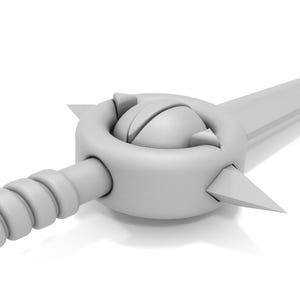 May include: A white, 3D-printed sword with a detailed, spherical pommel and a textured, spiral handle.