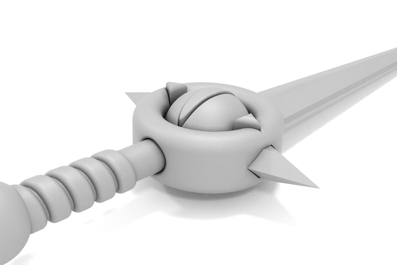 May include: A white, 3D-printed sword with a detailed, spherical pommel and a textured, spiral handle.