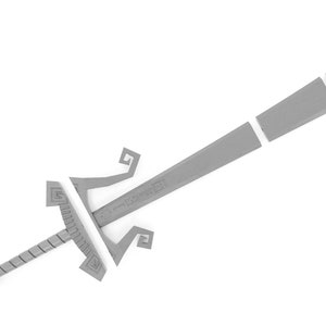 May include: A silver sword with a decorative handle and a blade that is broken into three pieces.