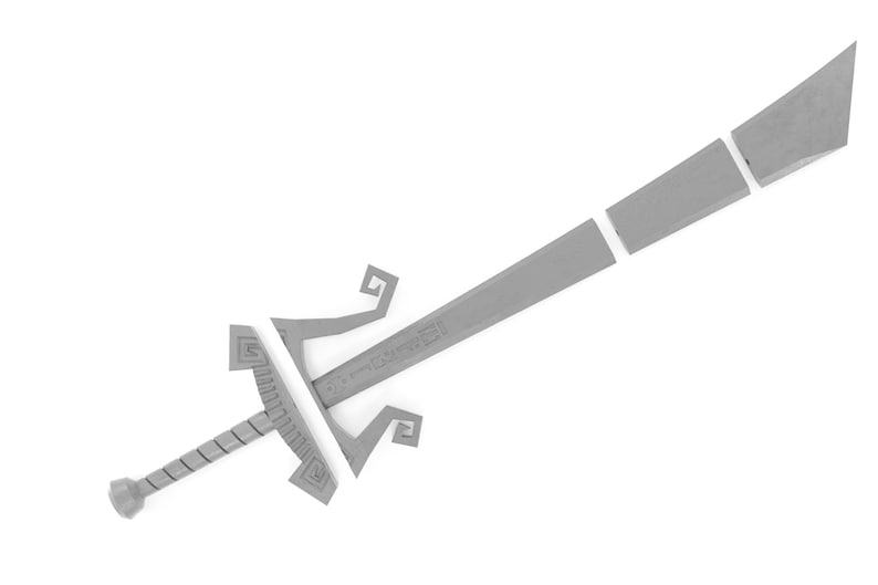 May include: A silver sword with a decorative handle and a blade that is broken into three pieces.