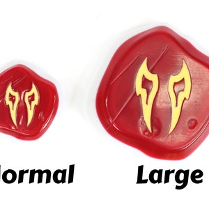 May include: Two red wax seals with a gold flame design. The seal on the left is labelled "Normal" and the seal on the right is labelled "Large".