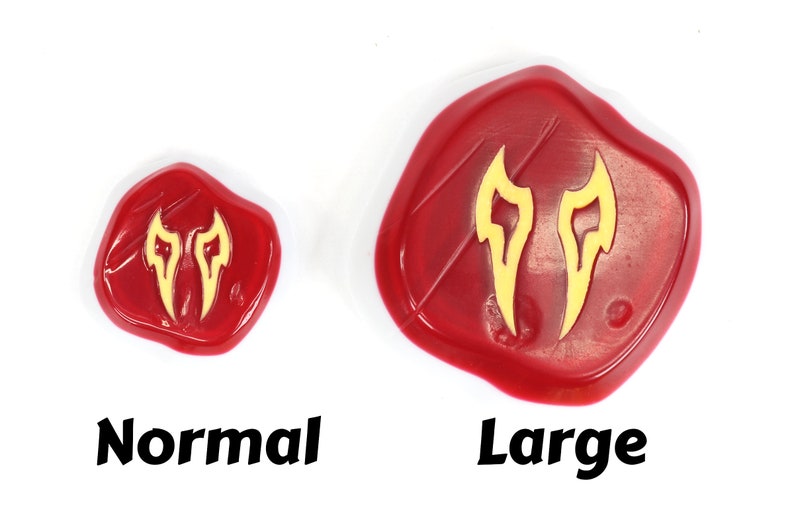 May include: Two red wax seals with a gold flame design. The seal on the left is labelled "Normal" and the seal on the right is labelled "Large".
