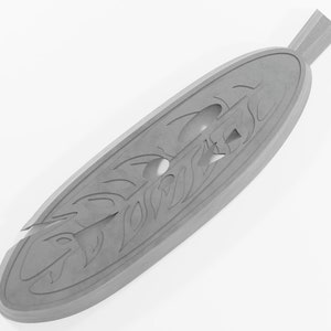 May include: A silver-colored pendant shaped like a feather with intricate carvings and a hole in the center.