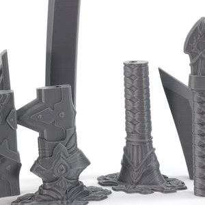 May include: A set of five grey 3D printed swords with intricate details. The swords have different shapes and sizes, and some have a braided design.