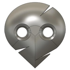 May include: A silver-colored metal pendant shaped like a stylized face with two large circular holes for eyes and a pointed bottom.