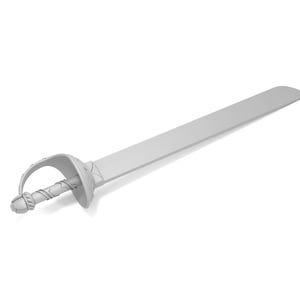 Puede incluir: Una espada gris claro con una guarda curva y una hoja recta. El mango tiene un dise&ntilde;o retorcido detallado. La espada est&aacute; sobre un fondo blanco, resaltando su forma y dise&ntilde;o. Este art&iacute;culo es probablemente una pieza decorativa o un accesorio de disfraz.