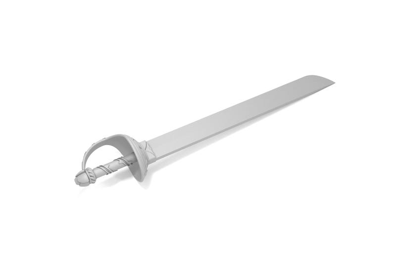 Puede incluir: Una espada gris claro con una guarda curva y una hoja recta. El mango tiene un dise&ntilde;o retorcido detallado. La espada est&aacute; sobre un fondo blanco, resaltando su forma y dise&ntilde;o. Este art&iacute;culo es probablemente una pieza decorativa o un accesorio de disfraz.