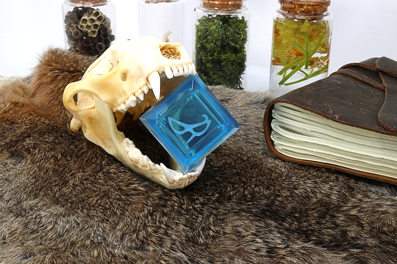 May include: A blue glass square with a stylized design inside, held in the open jaws of a white animal skull. The skull is on a brown fur surface, with a leather-bound journal and glass jars filled with natural elements in the background.