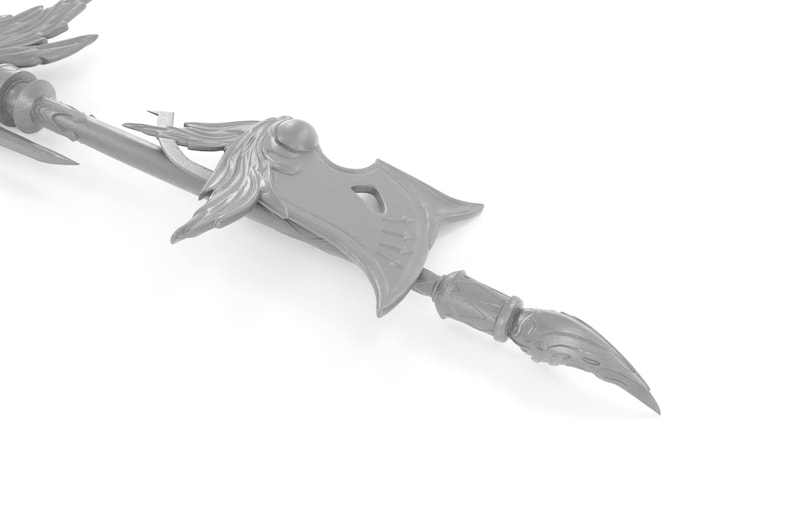 May include: A silver-colored spear with a decorative, ornate design. The spear has a pointed tip and a long, slender shaft. The shaft is decorated with intricate carvings and a wing-like design.