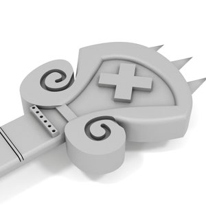 Puede incluir: Una llave blanca, detallada y decorativa con una cruz en la cabeza y una serie de p&uacute;as en la parte superior. La llave tiene un mango largo y delgado con una serie de ranuras.