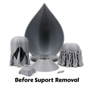 May include: Gray 3D printed objects, including a teardrop-shaped object, a cone-shaped object, and two objects with intricate details. The text "Before Support Removal" is visible at the bottom of the image.