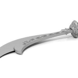 May include: A silver, ornate sword with a curved blade and intricate details. The sword has a decorative handle with a floral design.