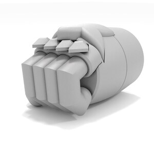 May include: A white, 3D-printed model of a robotic hand with a closed fist. The hand has a series of articulated fingers and a protective covering over the knuckles.