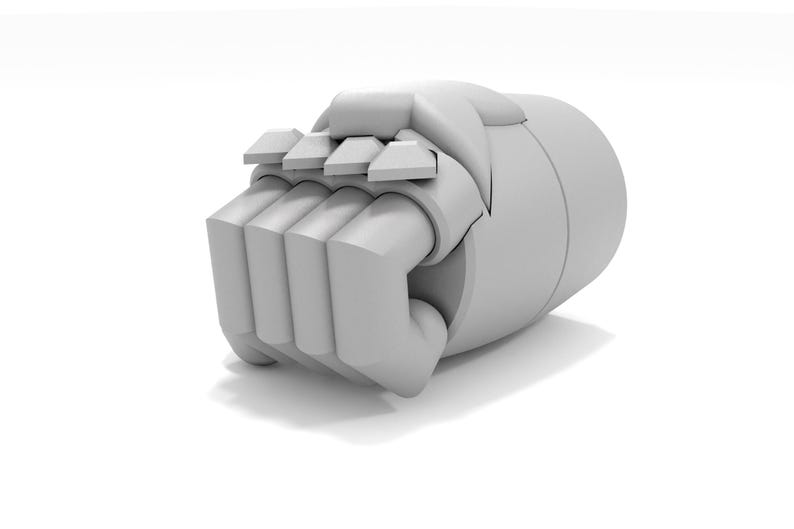 May include: A white, 3D-printed model of a robotic hand with a closed fist. The hand has a series of articulated fingers and a protective covering over the knuckles.