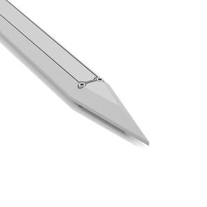 May include: A light gray, stylized sword blade with a pointed tip. The blade has a flat, rectangular design with two parallel lines and two small circular details near the tip. The background is white.