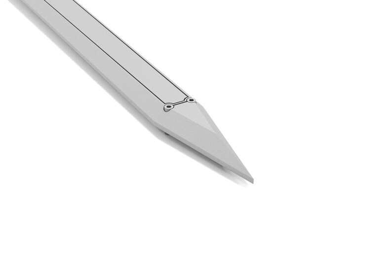 May include: A light gray, stylized sword blade with a pointed tip. The blade has a flat, rectangular design with two parallel lines and two small circular details near the tip. The background is white.