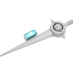 May include: A white, stylized sword with a circular, ornate handle and a blue can with the number 9 on it.