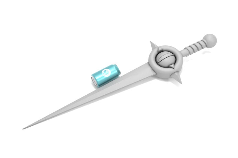 May include: A white, stylized sword with a circular, ornate handle and a blue can with the number 9 on it.