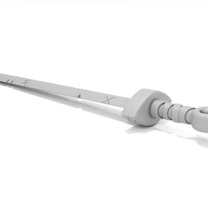 May include: A white plastic toy sword with a rounded tip and a textured handle.