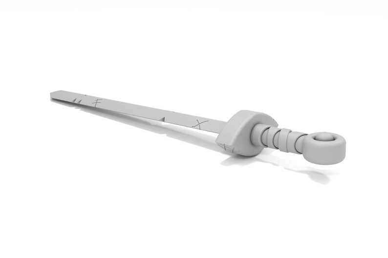 May include: A white plastic toy sword with a rounded tip and a textured handle.