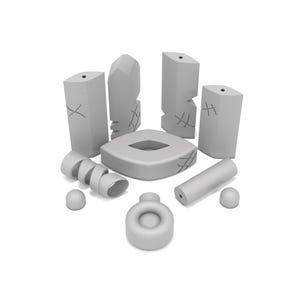 May include: A set of gray, geometric shapes, including a cylinder, a sphere, a spiral, and a flat, oval-shaped piece with a hole in the center.