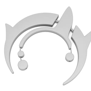 May include: A light gray, abstract, decorative object with curved lines and circular accents. The design features a series of interconnected shapes, including arcs and pointed elements, with small, dangling circular details. The overall aesthetic is modern and minimalist.