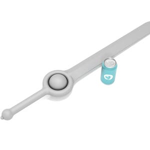 May include: A gray plastic sword with a round, gray handle and a blue can next to it.