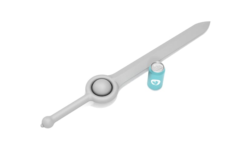 May include: A gray plastic sword with a round, gray handle and a blue can next to it.