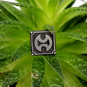 May include: A silver-colored metal pin with a black background and a stylized design of two overlapping circles. The pin is sitting on a green succulent plant.