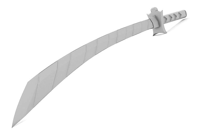 May include: A silver-colored katana sword with a curved blade and a textured handle. The sword is isolated on a white background.