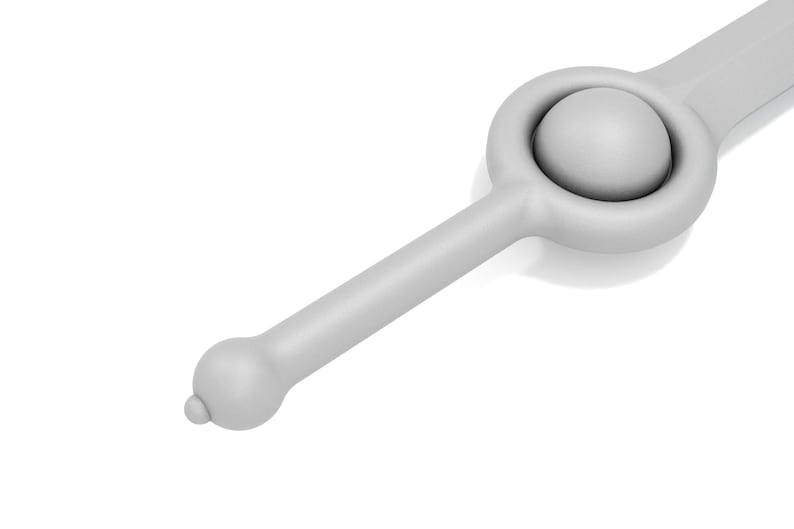 May include: A white plastic sword with a round pommel and a ball-shaped end.
