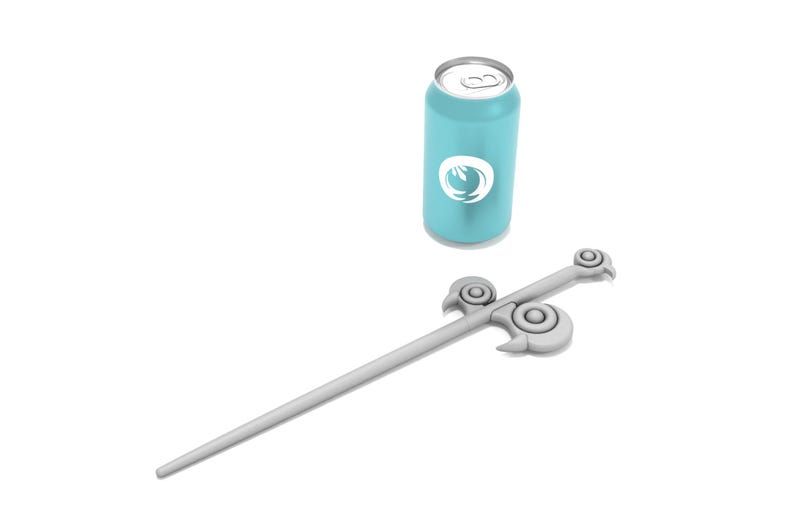 May include: A silver-colored sword with a decorative handle and a blue can with a white logo. The can has a white logo with a stylized flame design.