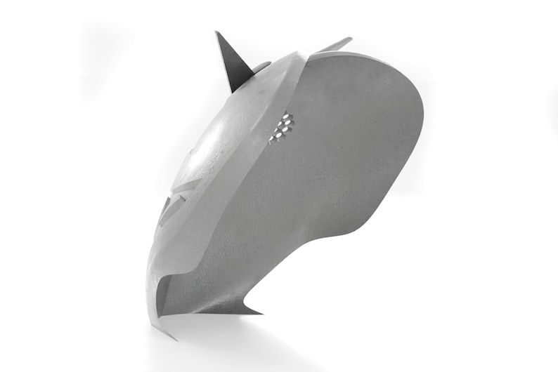 May include: A gray metal helmet with a pointed top and a small hole on the side.