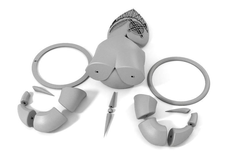 Puede incluir: Un modelo de robot impreso en 3D desmontado. El modelo est&aacute; hecho de pl&aacute;stico gris e incluye una cabeza, un cuerpo, brazos y piernas. Las piezas est&aacute;n dispuestas sobre una superficie blanca.