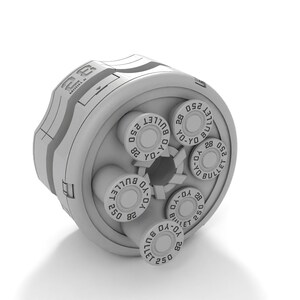 May include: A white plastic cylinder with a rotating mechanism. The cylinder has five slots, each containing a round, white object with the text "BULLET 250 YO-YO 28" printed on it.
