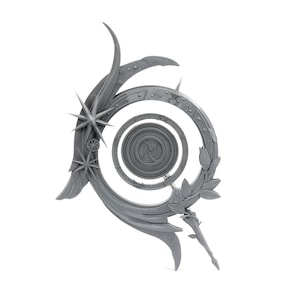 May include: A gray, decorative sculpture with a celestial theme. The design features a central circular medallion surrounded by concentric rings, stars, and a laurel branch. The sculpture is made of a solid material and has a detailed, textured surface.