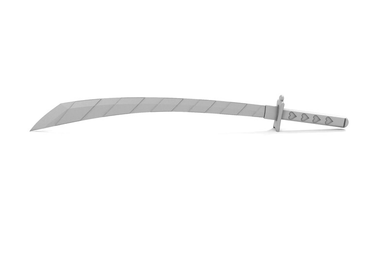 May include: A silver-colored sword with a curved blade and a handle with heart-shaped details.