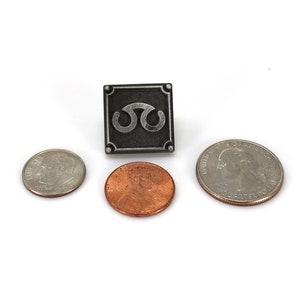 May include: A silver-colored metal pin with a black square background and a silver-colored symbol. The pin is about the size of a US quarter.