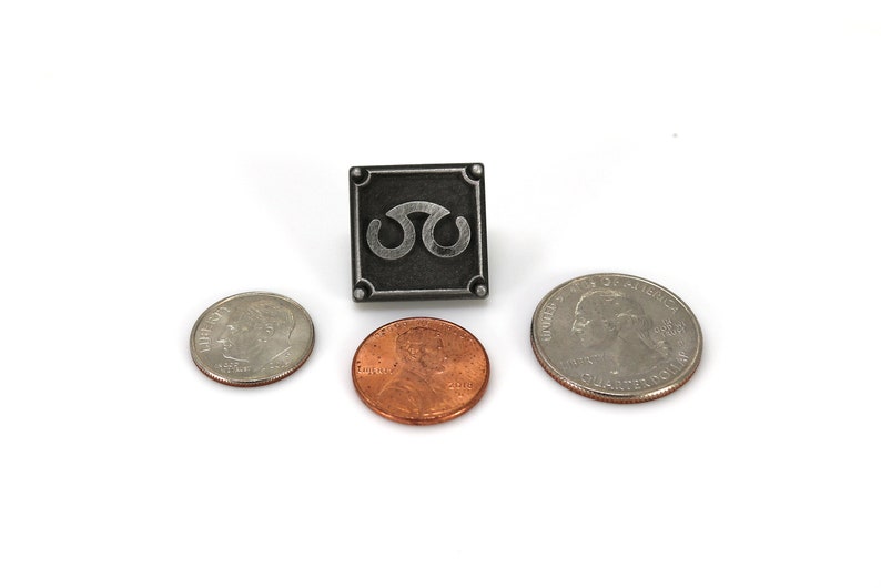 May include: A silver-colored metal pin with a black square background and a silver-colored symbol. The pin is about the size of a US quarter.