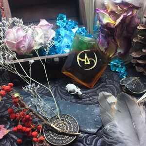 May include: A close-up of a table with a variety of objects, including a small wooden box with dried roses, a clear glass jar with dried rose petals, a pine cone, a small turtle figurine, a bird skull, a feather, a small stone with a symbol, and a small metal disc with a design.