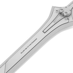 May include: A light gray sword with a detailed design. The blade has the text "GLORY BE TO THE KINGDOM". The sword has a complex hilt design with circular accents and a rectangular groove along the blade.