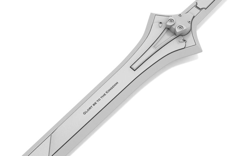 May include: A light gray sword with a detailed design. The blade has the text "GLORY BE TO THE KINGDOM". The sword has a complex hilt design with circular accents and a rectangular groove along the blade.