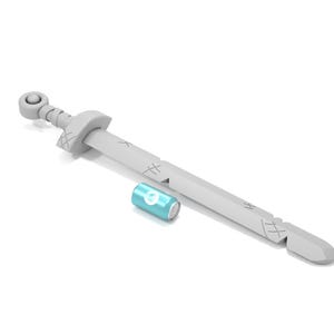May include: A white plastic toy sword with a blue can next to it. The sword has a round handle and a pointed tip. The can has a white label with a blue logo.